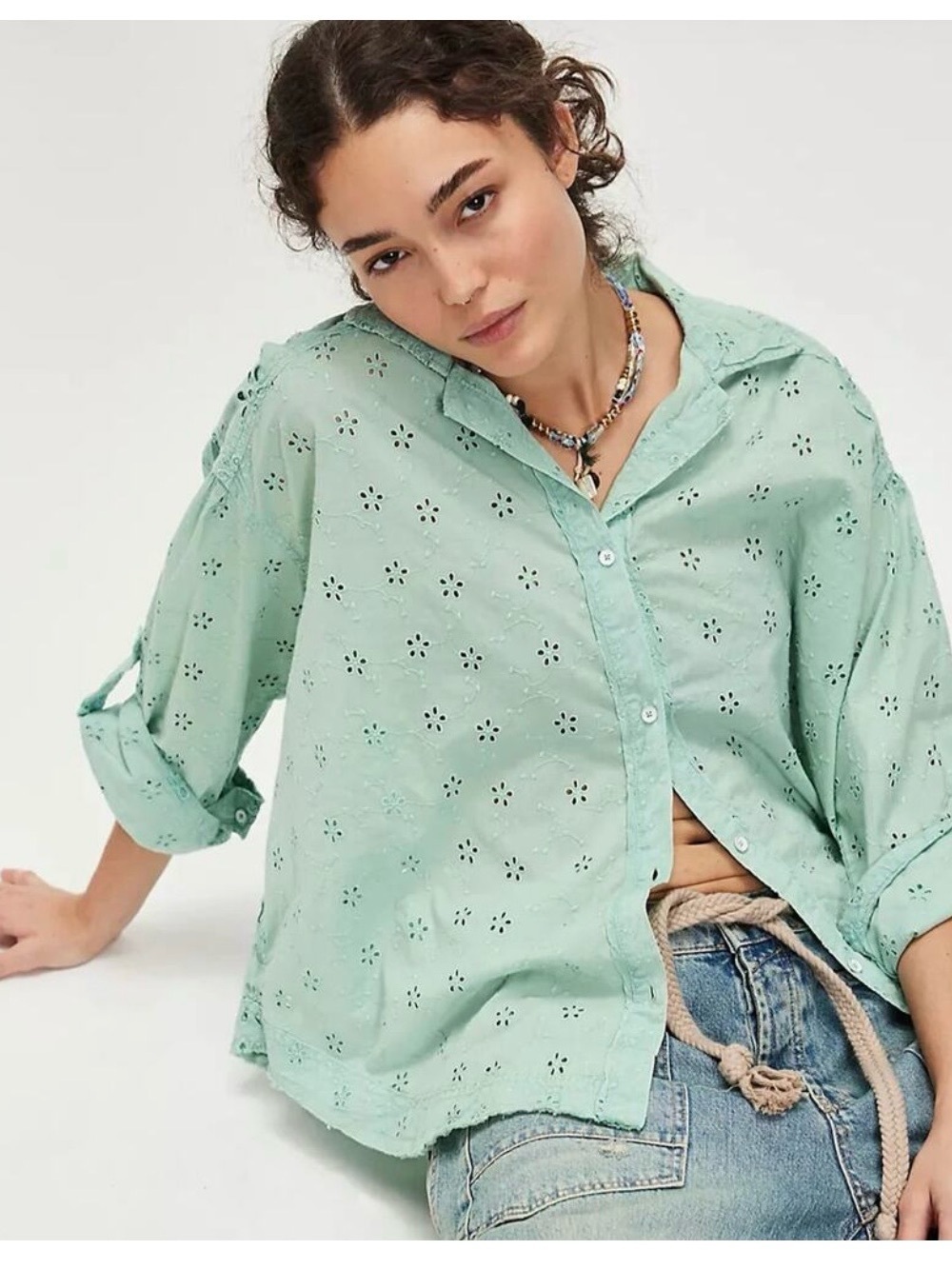 We the Free Mae Washed Eyelet Shirt Size XS